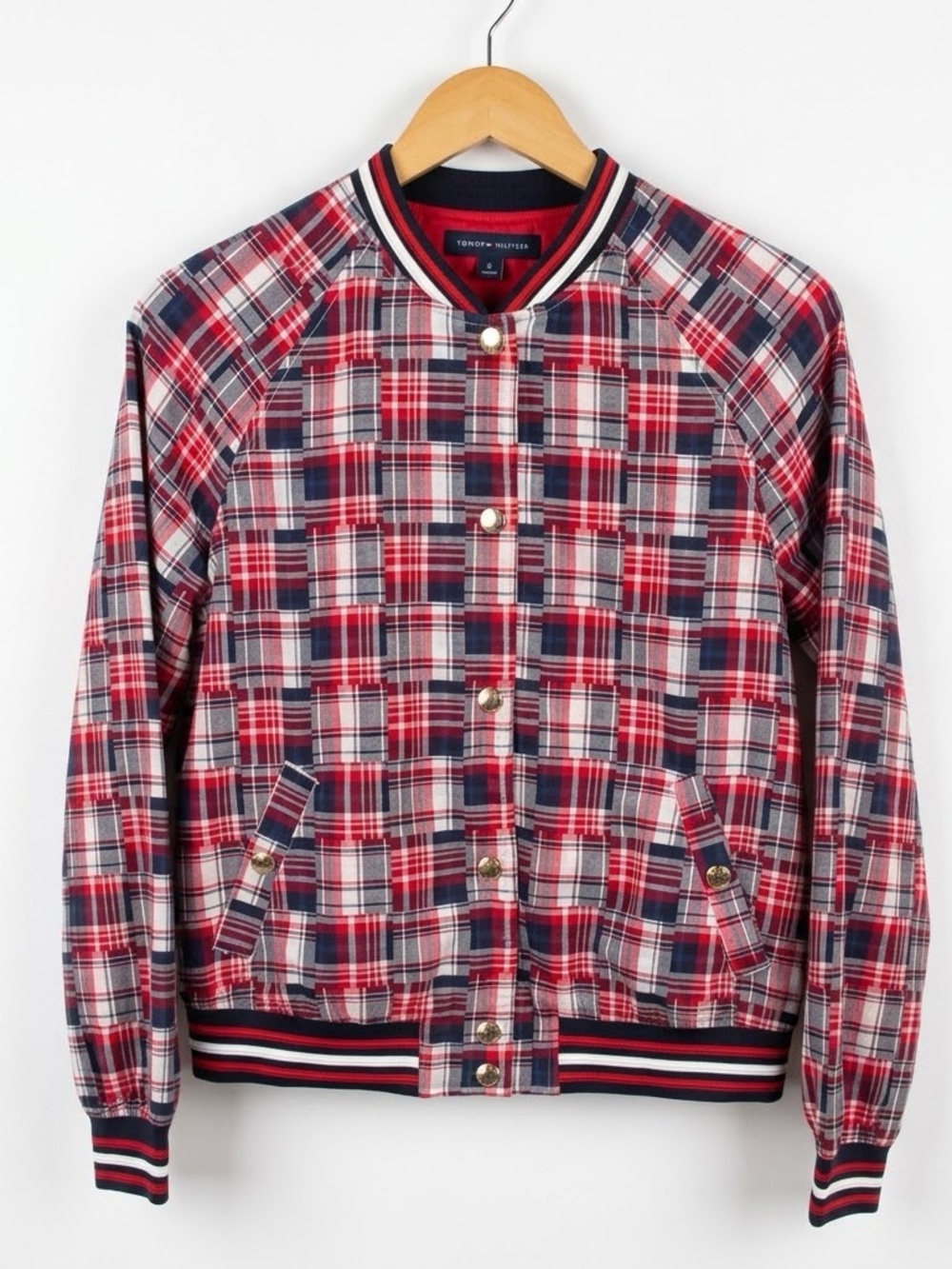 Tommy Hilfiger Plaid Varsity Bomber Jacket Womens M Red White Blue Snap Front